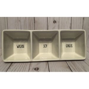 Rae Dunn Sushi Platter Ceramic Wasabi Soy Ginger Trio Serving Dish - Cream